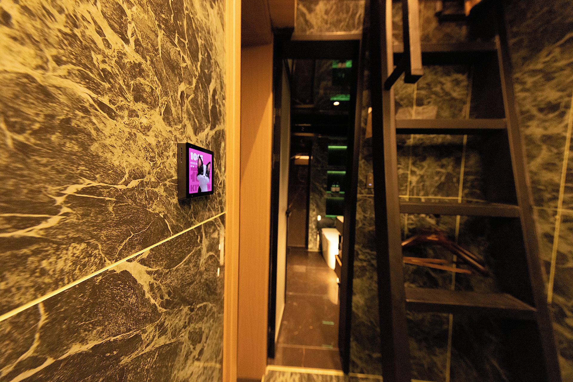 A marble wall with a digital screen displaying a cat image.