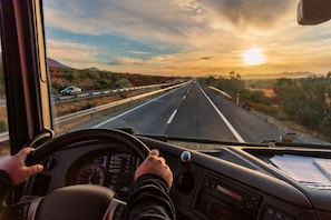 L'intérieur d'un véhicule, avec un volant, un tableau de bord et une vue sur une route à travers une fenêtre.