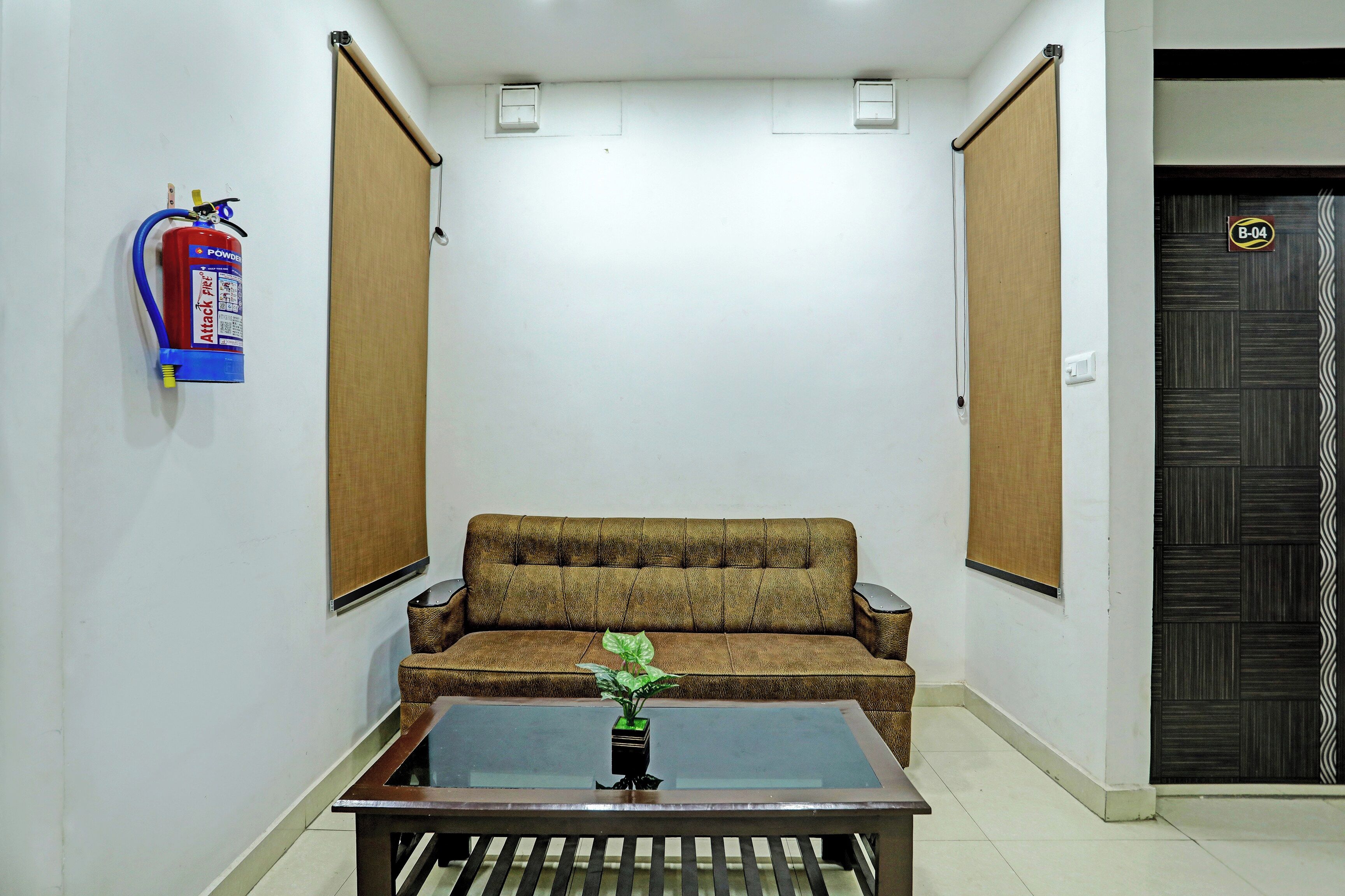 Una habitación con un sofá, una mesita con una planta y un extintor en la pared.