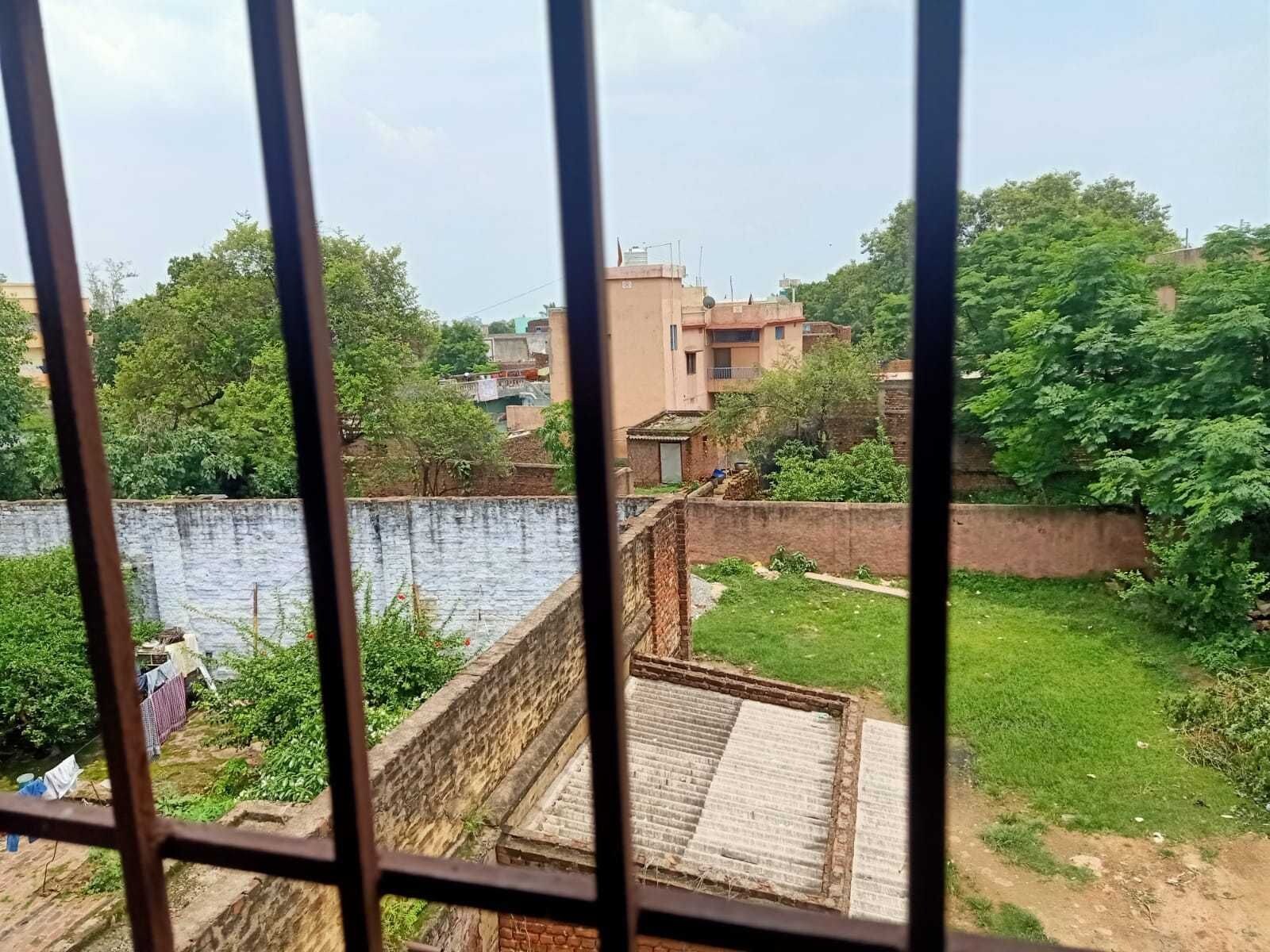 Une vue à travers une fenêtre dont le cadre est en métal, avec, au premier plan, un mur de briques, une zone herbeuse et, au fond, des bâtiments.