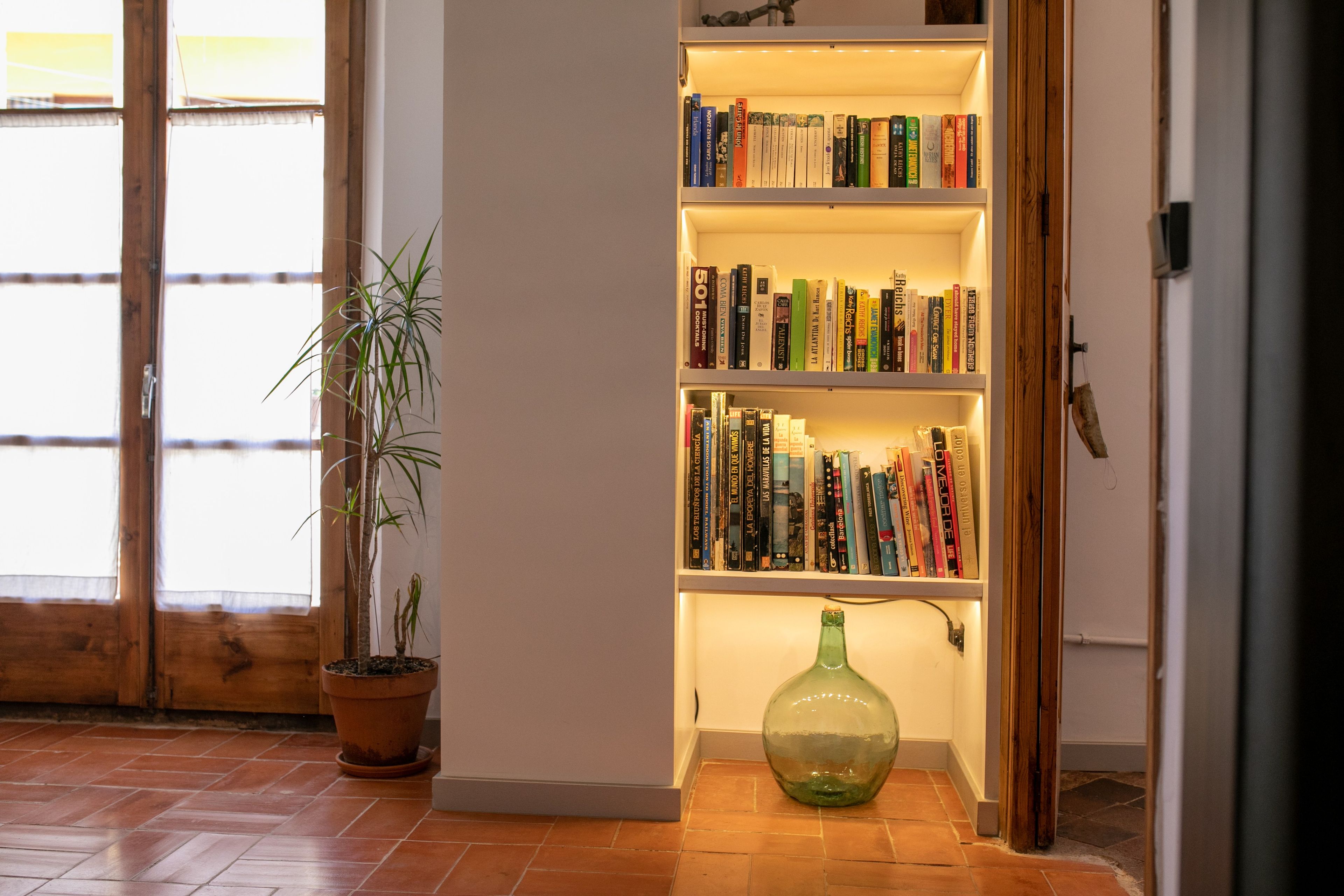 Una estantería con libros, una planta en maceta y un florero verde.