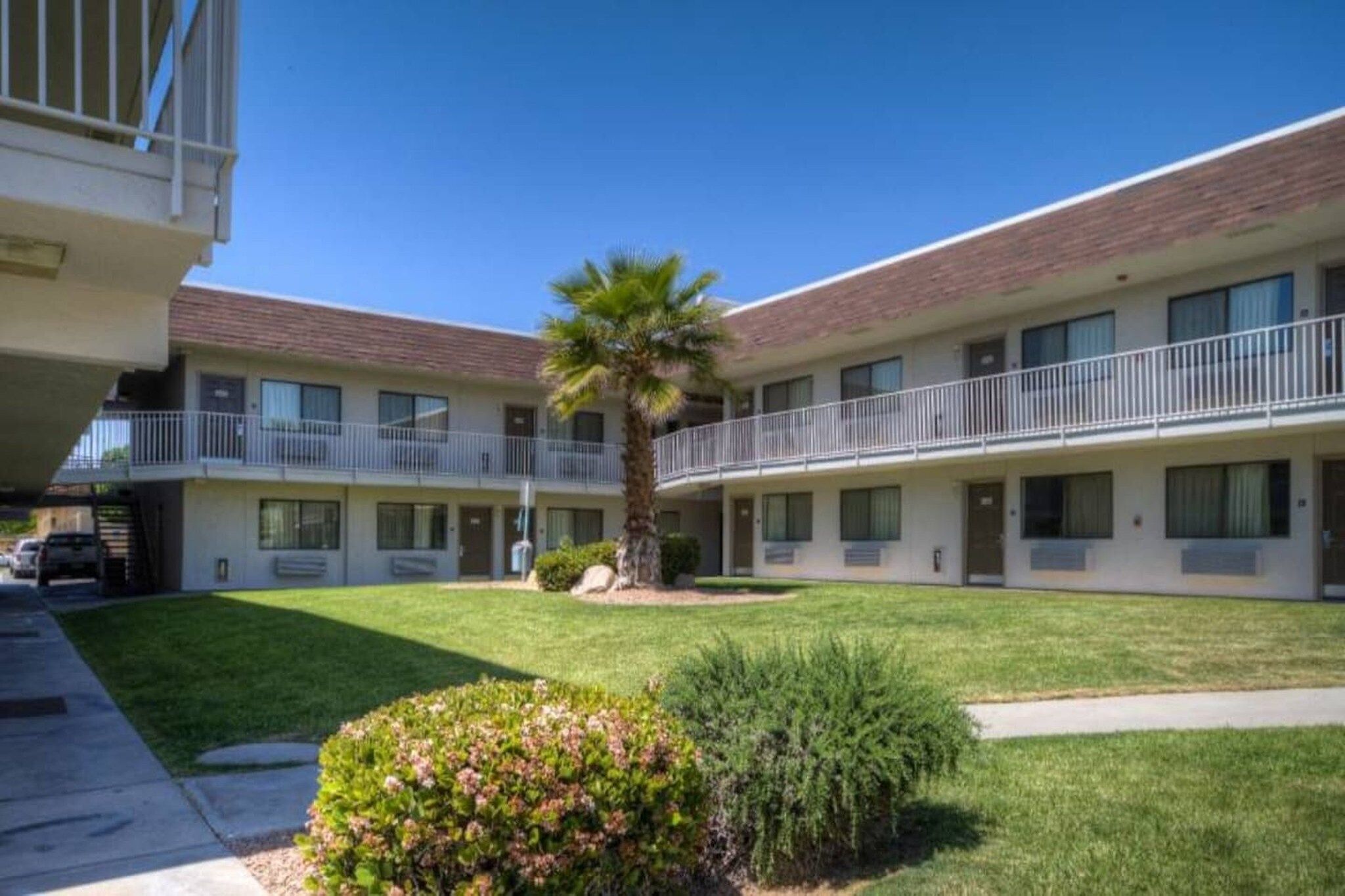 A motel with a central courtyard, a palm tree, and a well-maintained lawn.