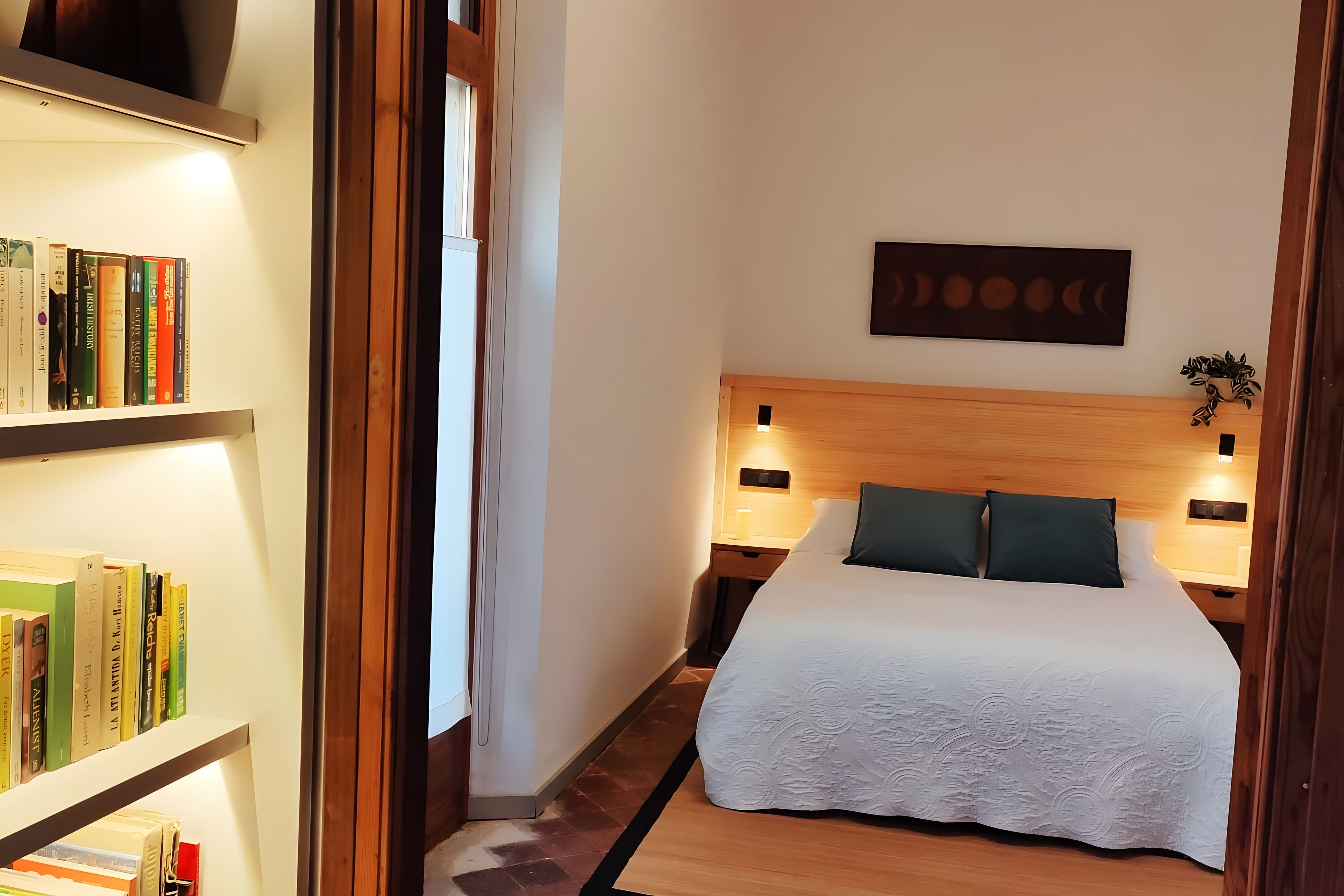 A hotel room with a bed, bedside lamps, a bookshelf, and a wall-mounted artwork.