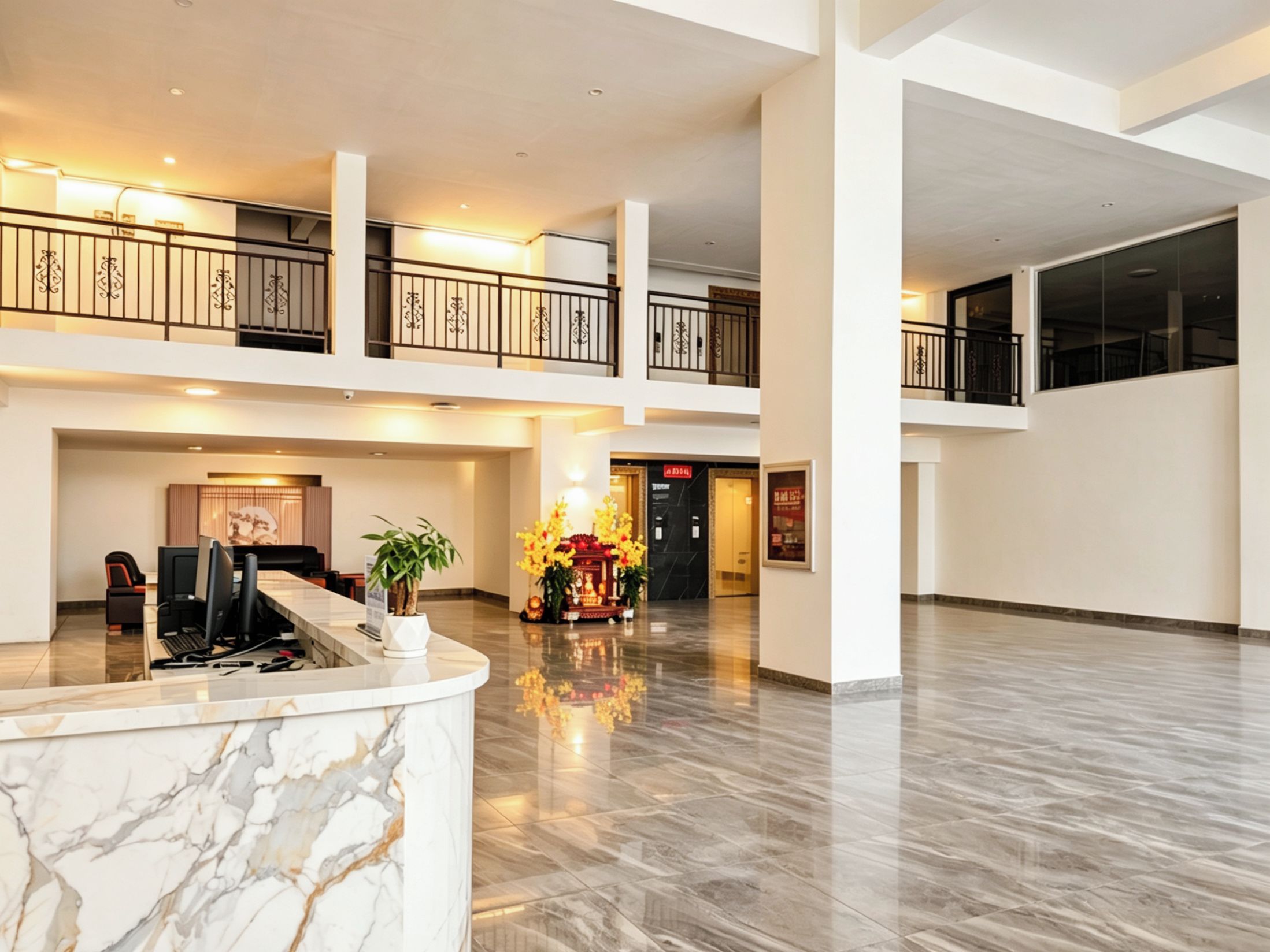 A spacious lobby with a reception desk, a staircase, and a decorative floral arrangement.