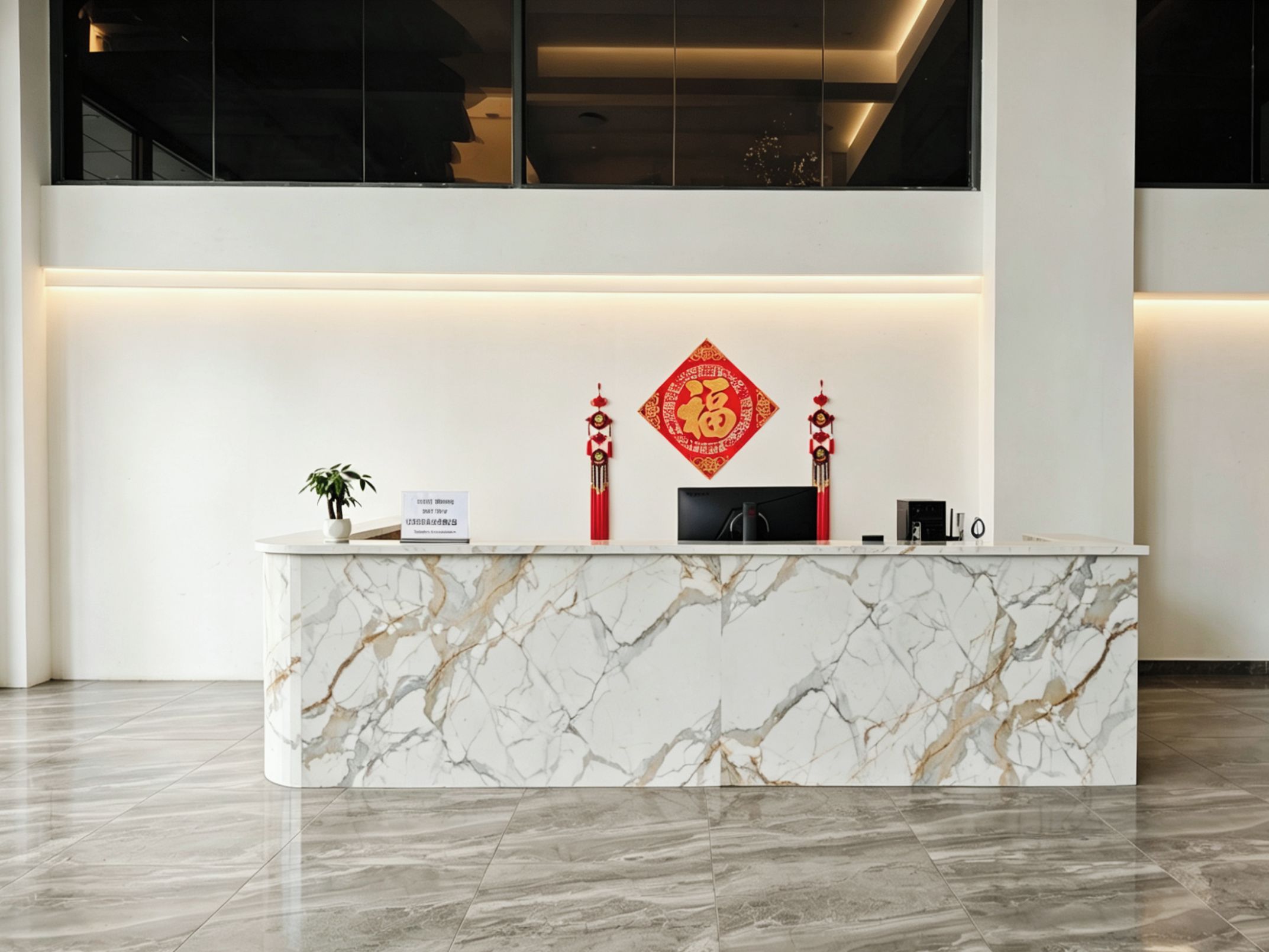 Un comptoir d’accueil avec un plateau en marbre, une plante en pot et des décorations rouges traditionnelles.