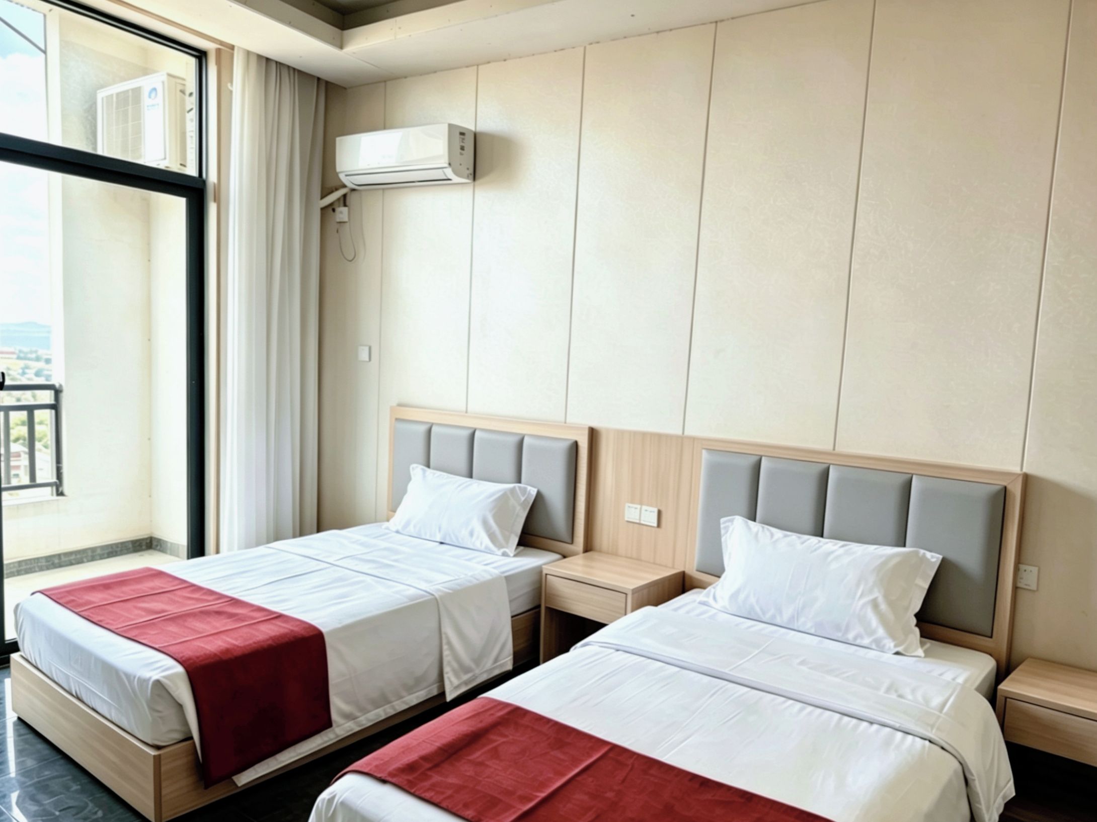 Una habitación de hotel con dos camas, una ventana con cortinas, un aire acondicionado y vista a la ciudad.
