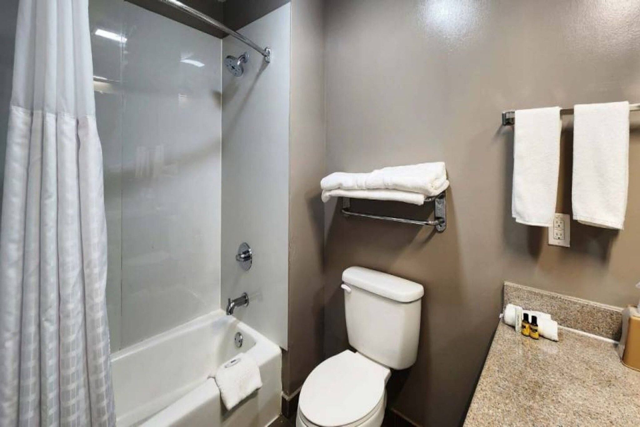 A bathroom with a shower, toilet, and a towel rack.