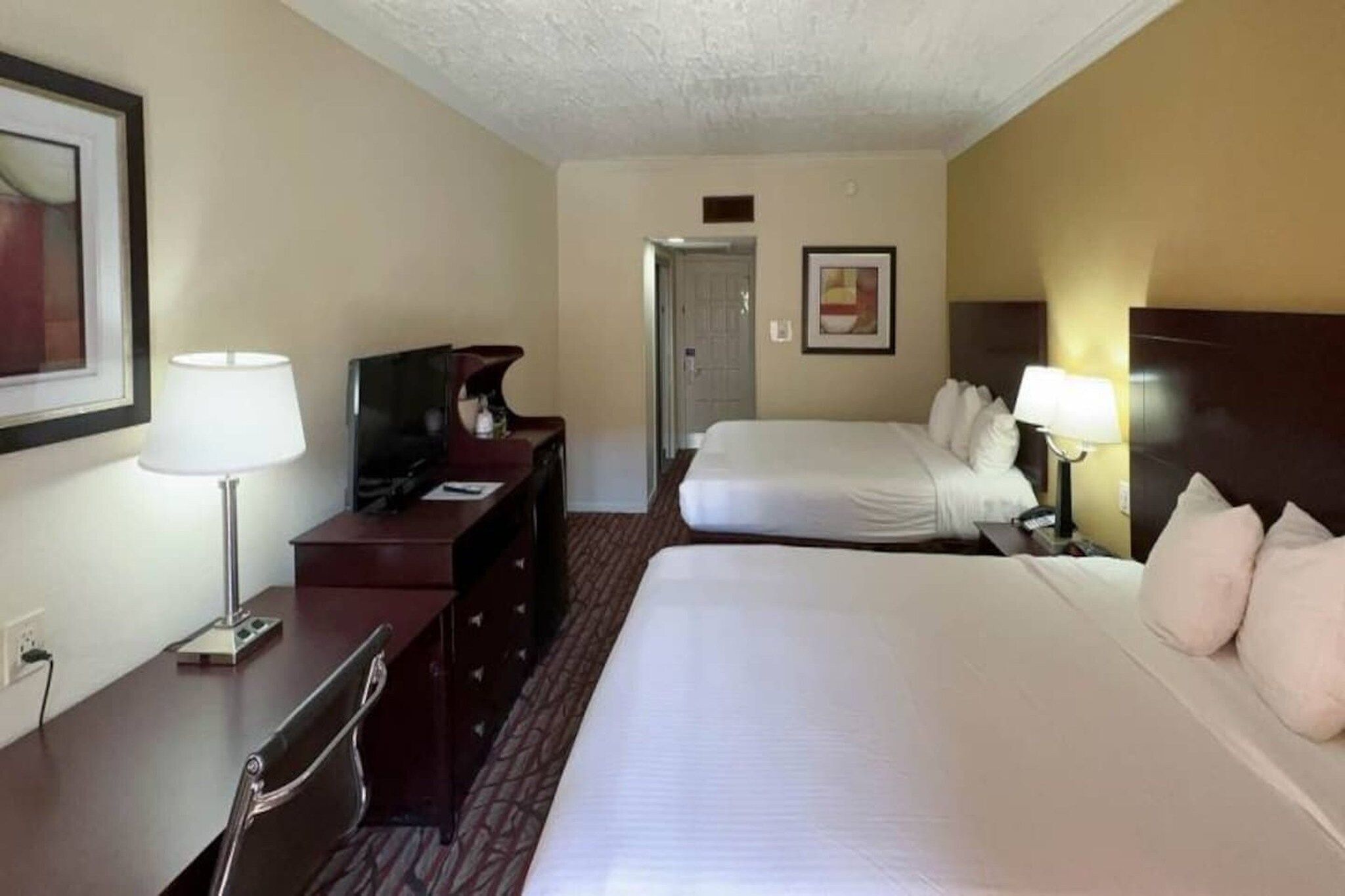 A hotel room with a bed, a desk, a chair, a television, and a door.
