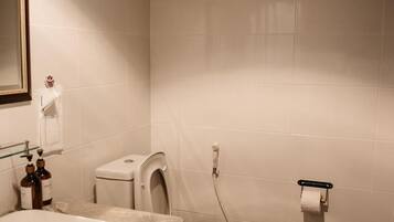 A bathroom with a sink, toilet, and a mirror.
