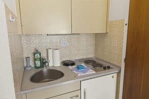 A compact kitchenette with a sink, a stove, and a cabinet above. - Central studio apartment, close to the ski lifts (Crans-Montana)