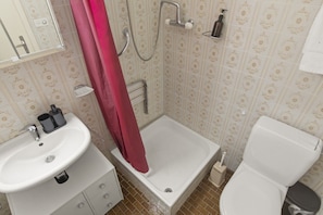 A bathroom with a shower, toilet, sink, and a mirror. - Central studio apartment, close to the ski lifts (Crans-Montana)