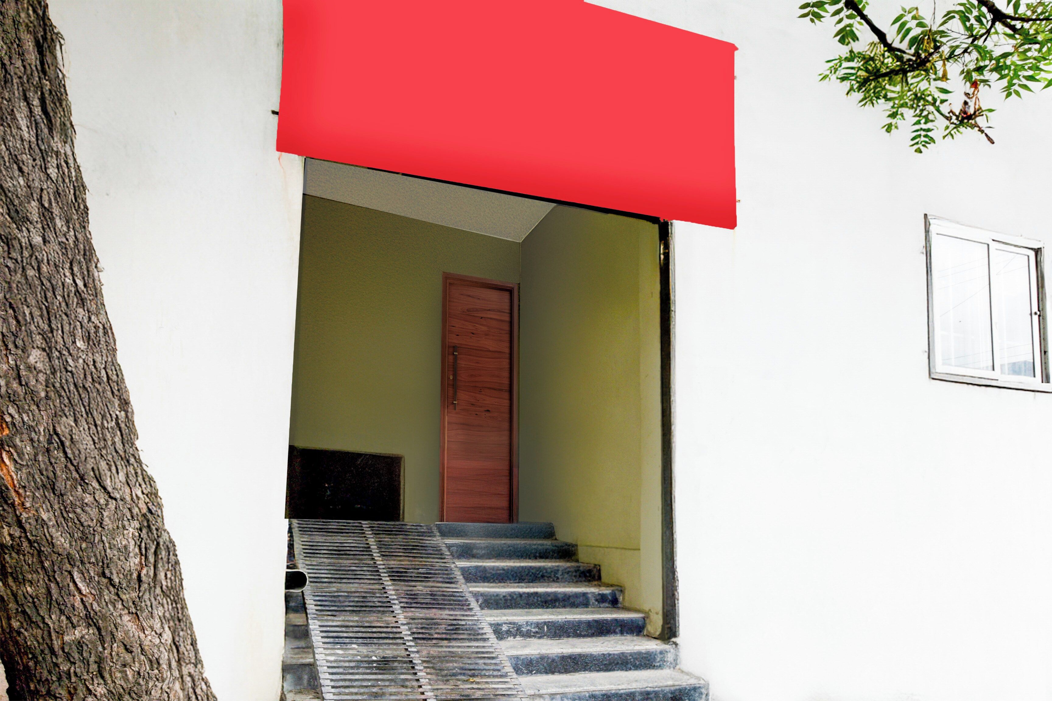 A staircase leading to a wooden door, with a tree to the left and a window to the right.