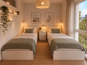 Ein Schlafzimmer mit zwei Betten, einem Fenster und Blick ins Grüne.