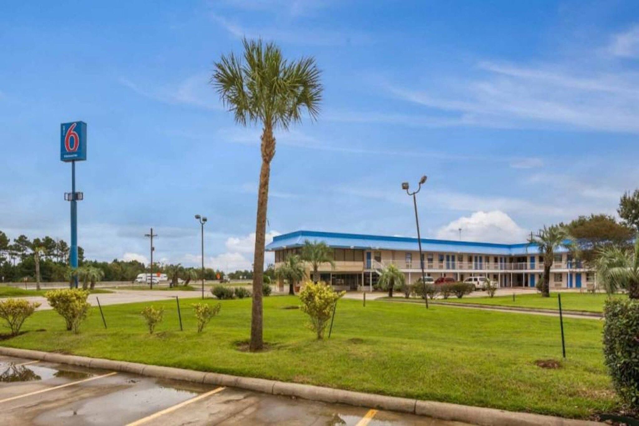 A hotel with a blue roof, a parking lot, and a palm tree.