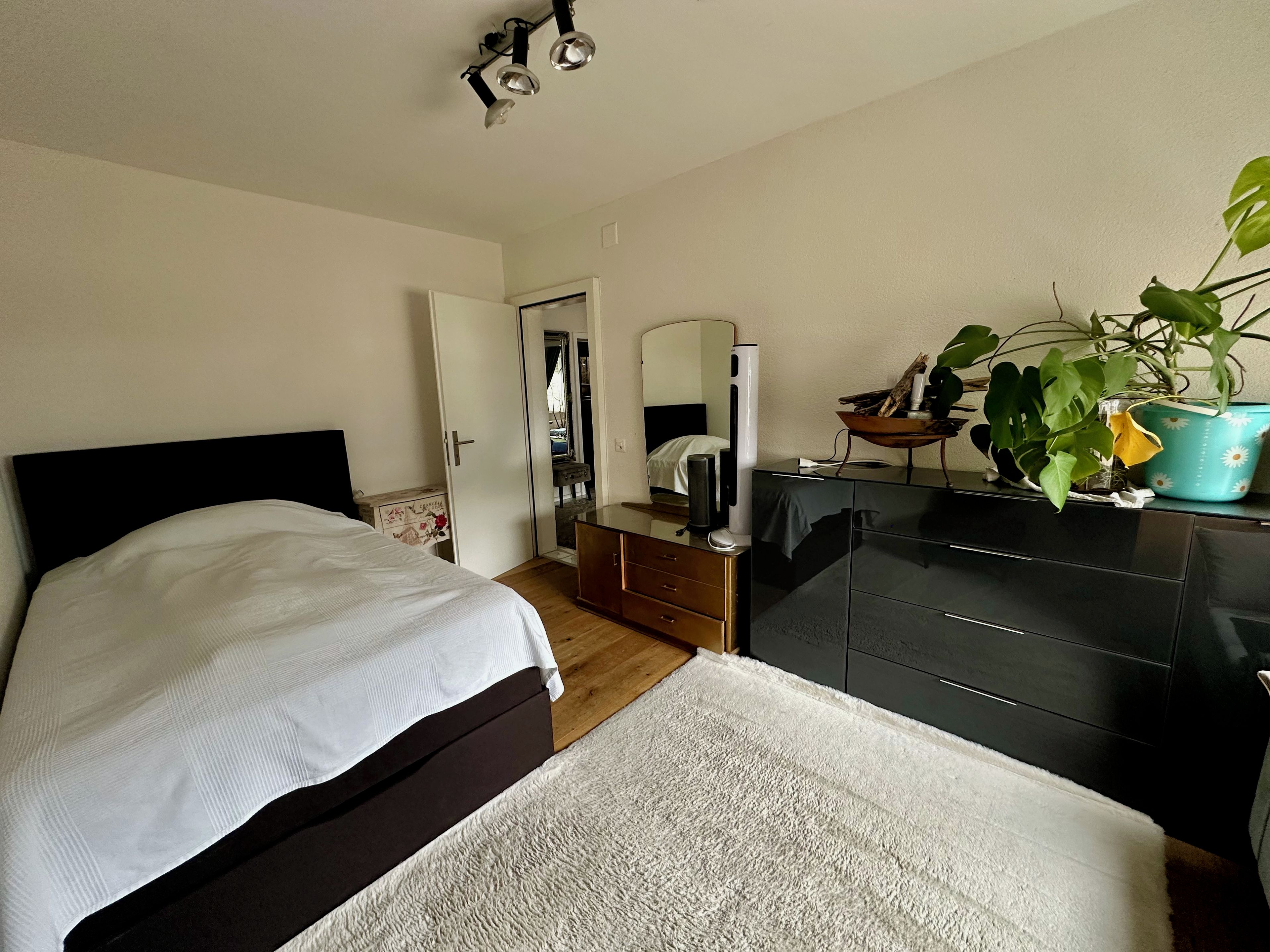 Een slaapkamer met een bed, een dressoir, een spiegel en potplanten.