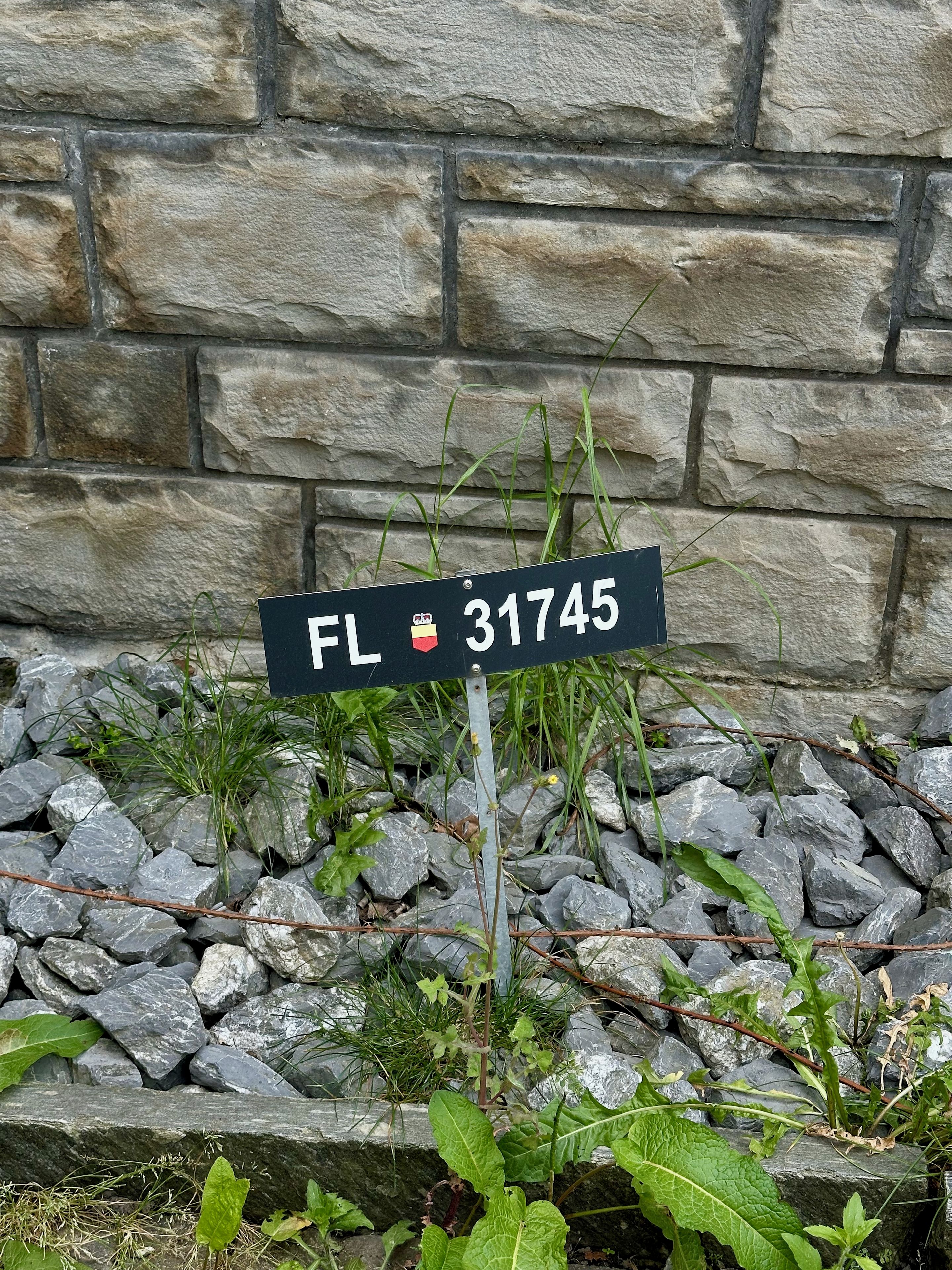 Una señal de calle con el texto 'FL 31745' sobre un fondo de pared de piedra.
