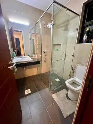 Een moderne badkamer met een douchecabine van glas, een toilet en een wastafel.