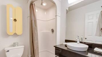 Un bagno con il water, doccia e lavandino.