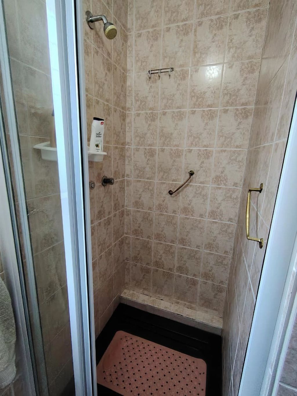 Une douche avec des carreaux de couleur beige, une porte en verre, un pommeau de douche, un pommeau de douche amovible, un porte-serviettes et un petit marchepied.