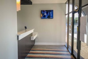 A reception area with a flat-screen TV mounted on the wall, a reception desk, and a colorful striped carpet.