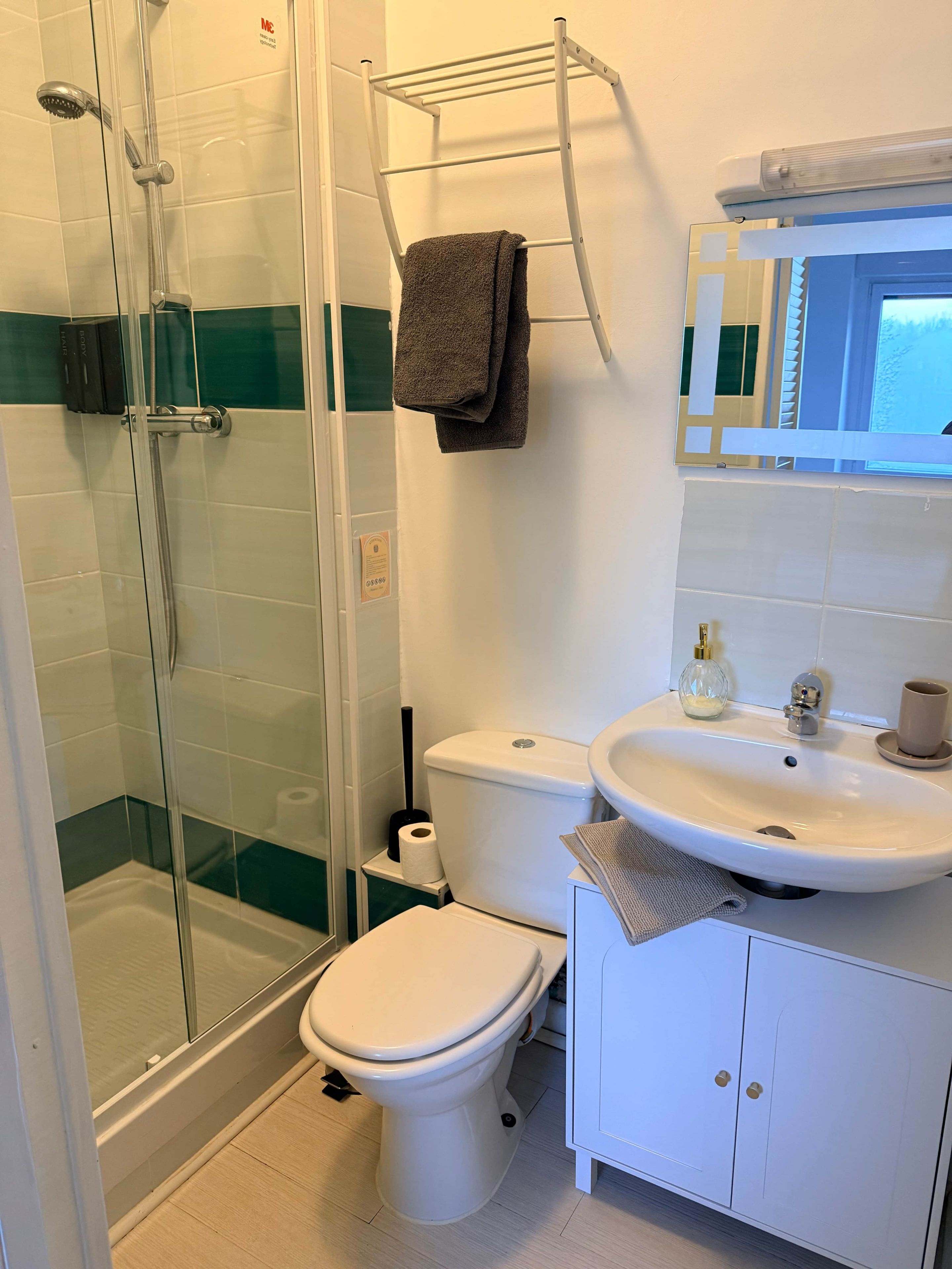 Un baño con ducha envuelta en vidrio, inodoro, lavabo y perchero para toallas.