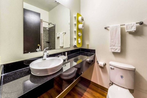 A bathroom with a double sink, a toilet, and a mirror.