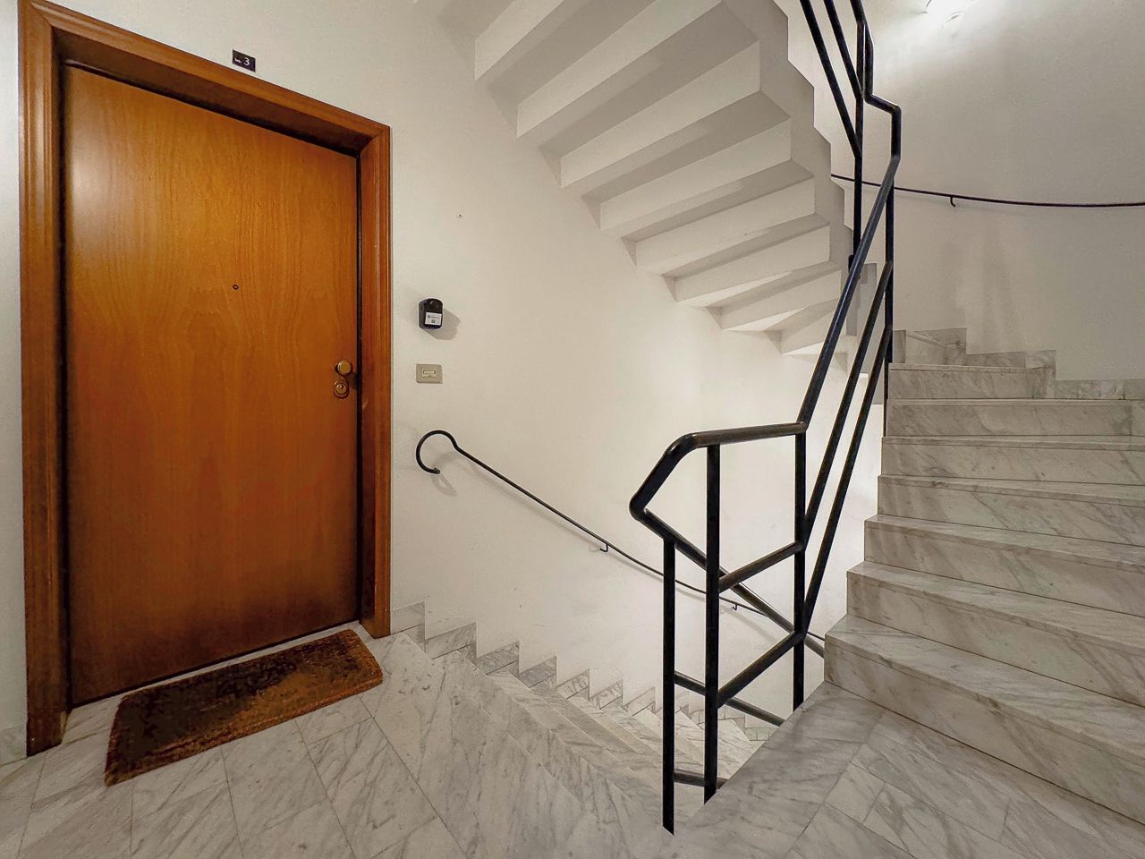 Una puerta de madera con felpudo, una escalera de mármol con barandillas de metal negro y una pared blanca con interruptor de luz.