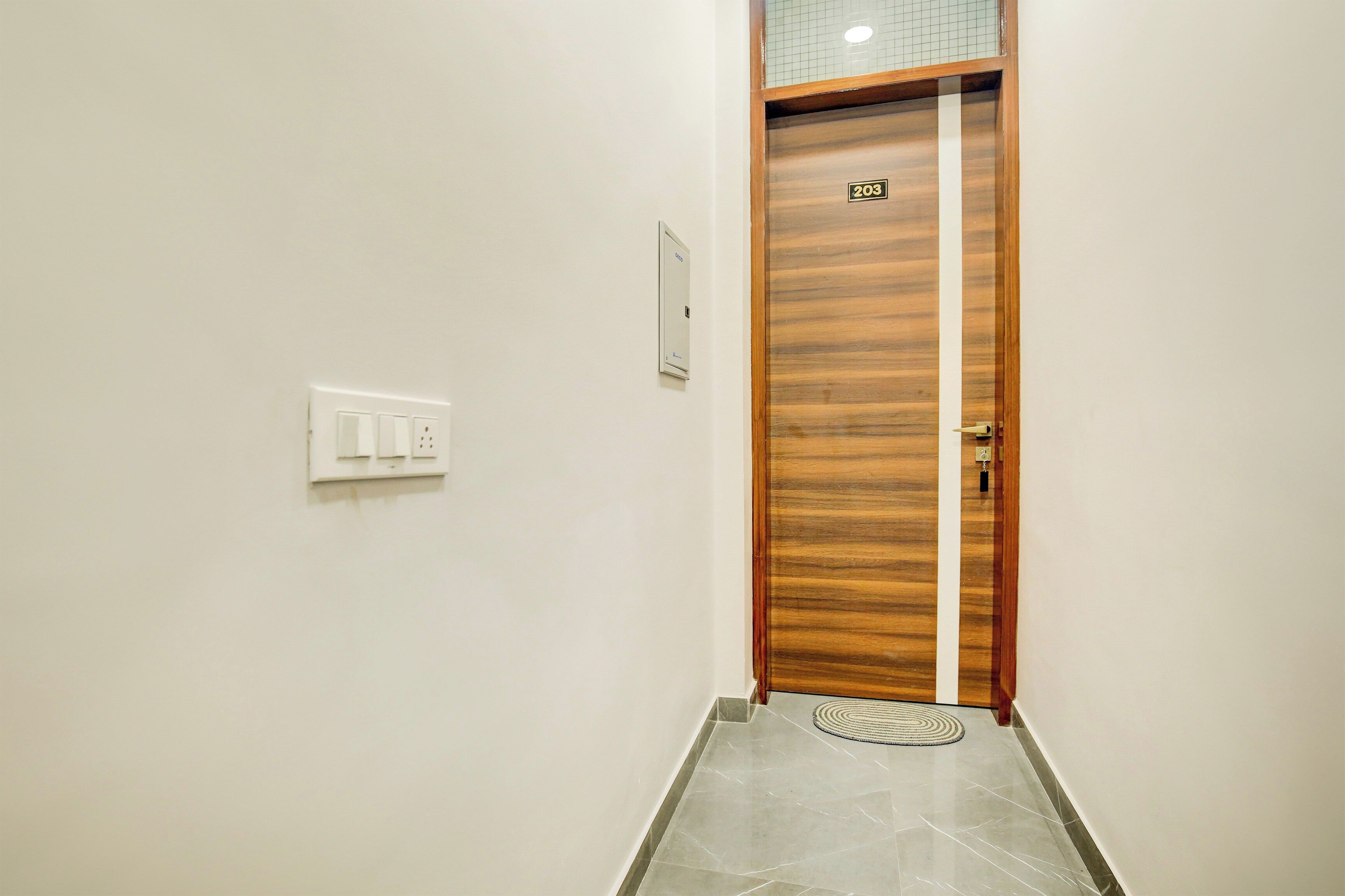 A hallway with a wooden door marked with the number 203, a light switch, and a small rug on the floor.