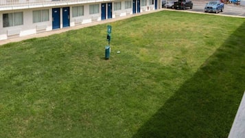 A grassy courtyard with a building in the background.