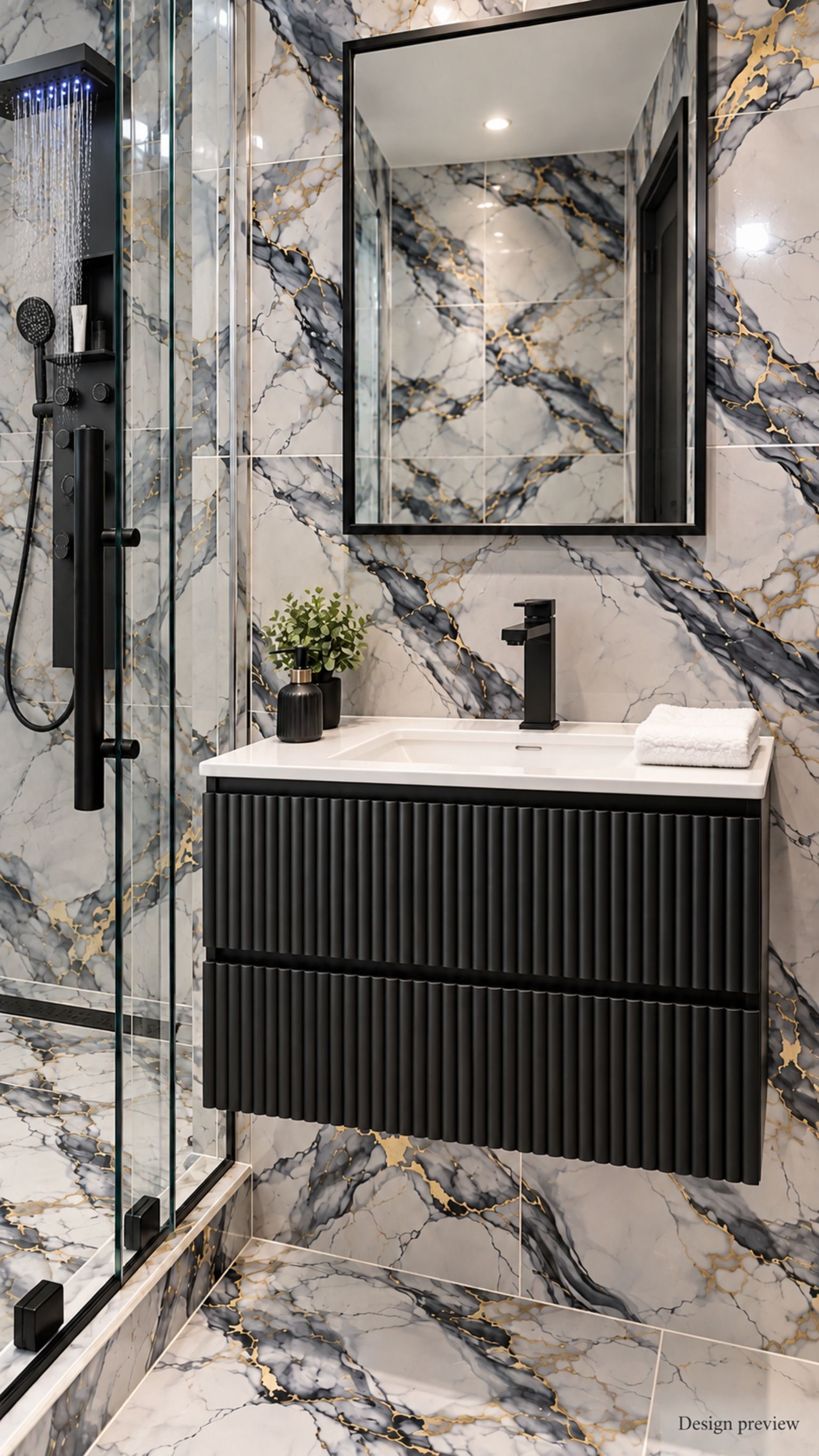 Une salle de bain moderne avec une douche à parois de verre, un meuble-lavabo noir et des murs à motifs de marbre.
