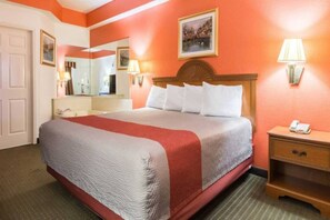 Une chambre d’hôtel avec un grand lit, une table de chevet, une lampe, un miroir et une porte.
