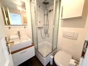 A modern bathroom with a glass-enclosed shower, a white sink, and a toilet. - Deichhof Holiday Apartment 8 (Dunsum)