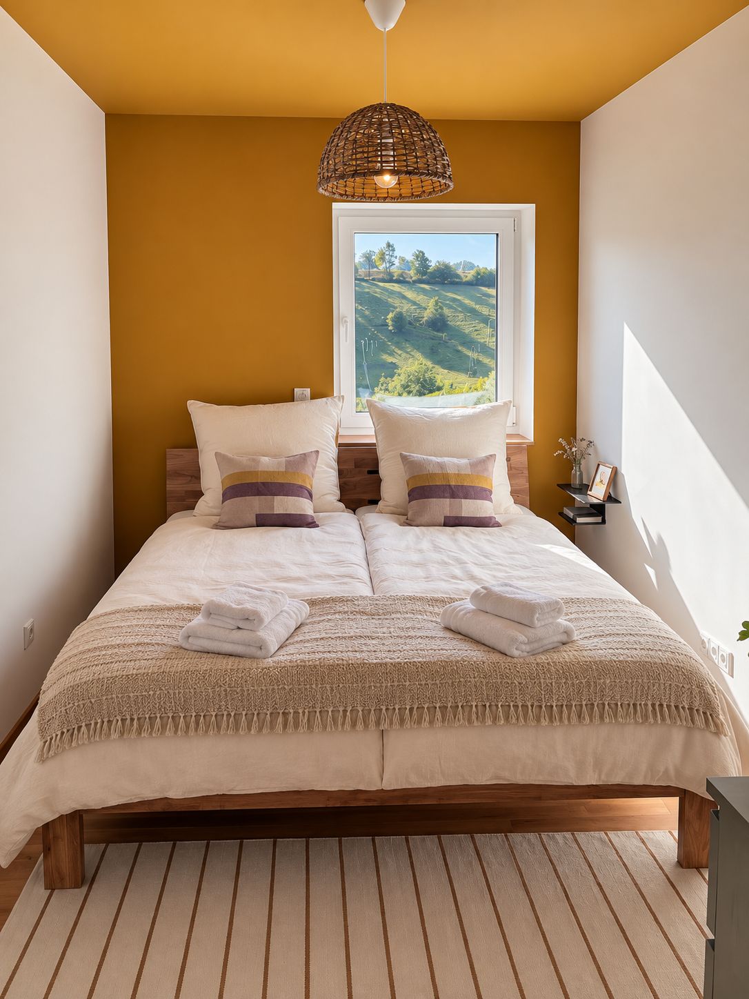A bedroom with a large bed, a window with a view of a landscape, and a hanging light fixture.