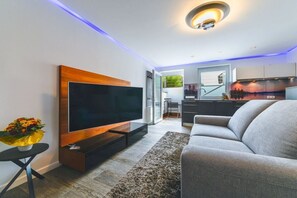 A modern living room with a flat-screen TV, grey sofa, and a small side table with a vase. - Holiday apartment with 1 bedroom (Gaienhofen)