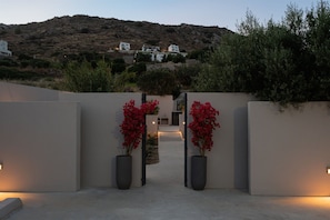 A pathway leading to a building with a mountainous backdrop, flanked by large planters with red flowers. - Mitos Ultimate Escape Villa (Naxos)