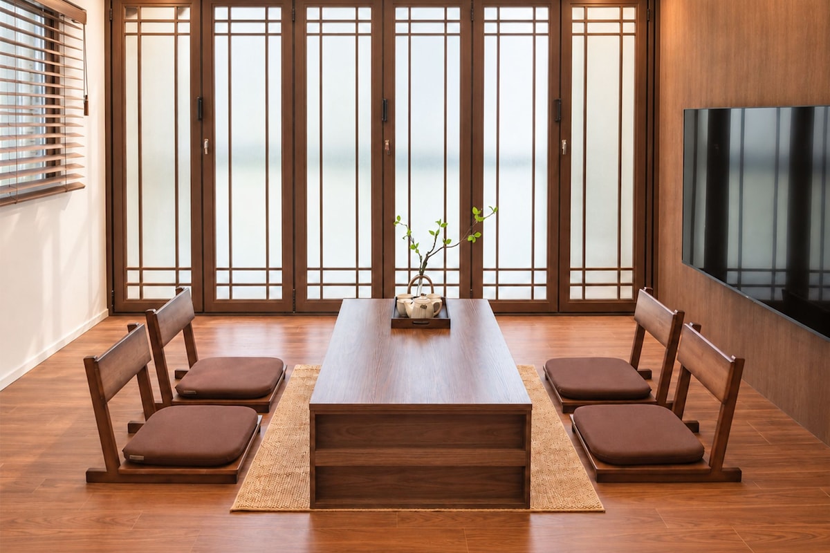 A modern dining room with a wooden table, cushioned chairs, and a view through shoji screens.