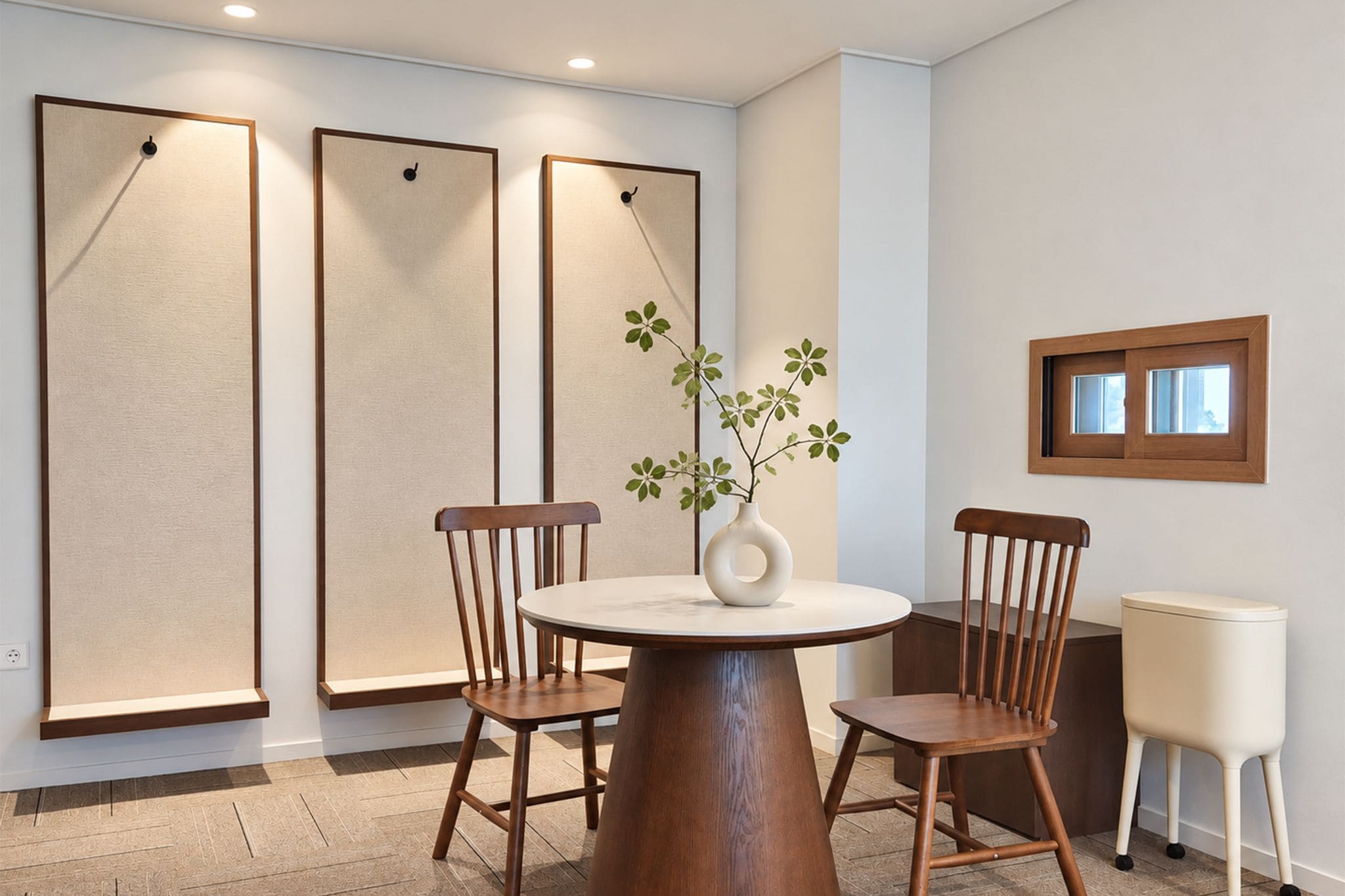 A dining area with a round table, four wooden chairs, a vase with green leaves, and three large wall panels.