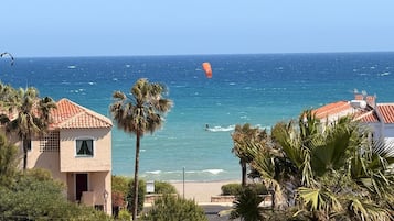 Une vue sur la côte, avec une plage, des palmiers et un bâtiment doté d’un toit en tuiles.