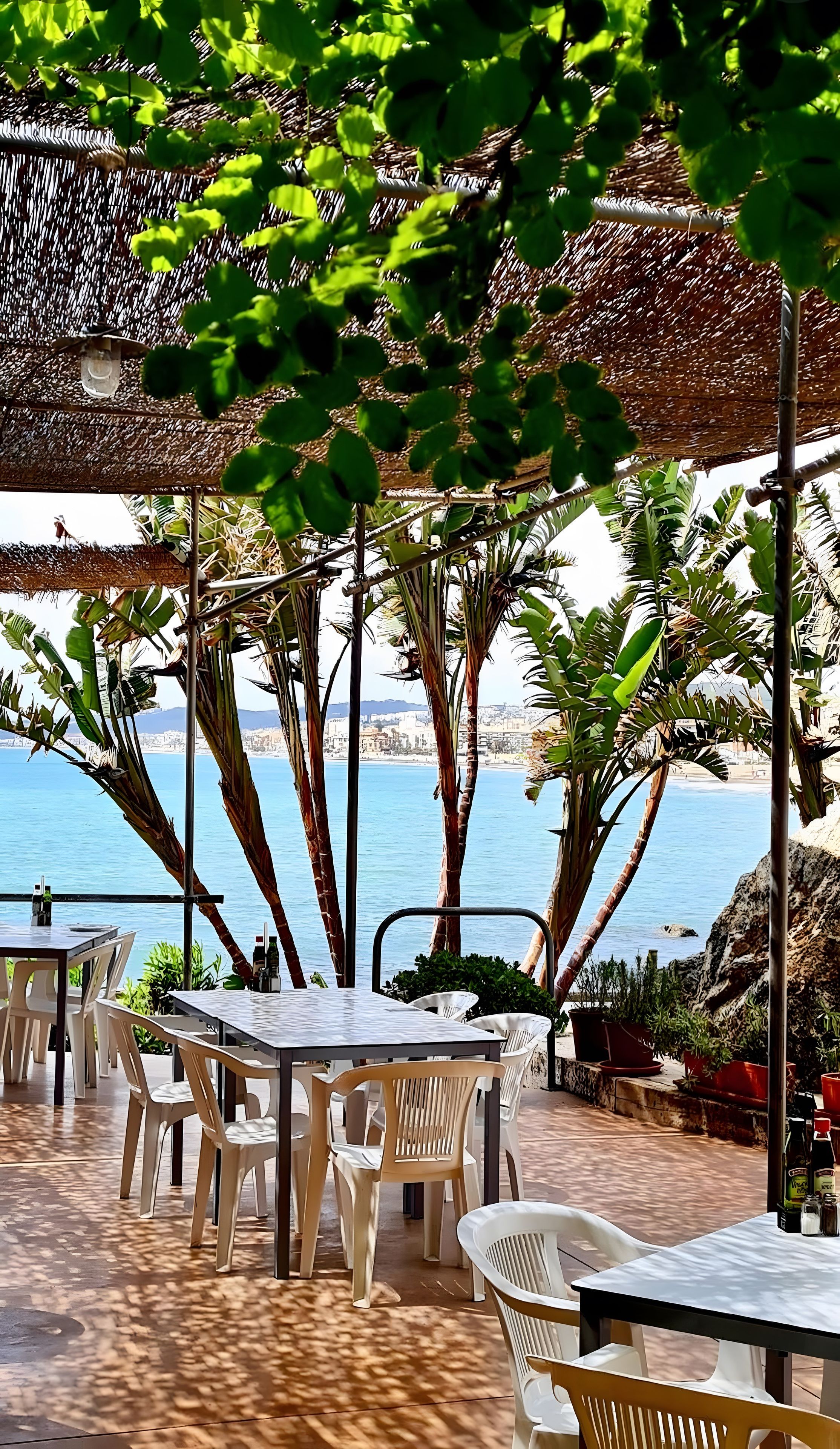 An outdoor seating area with tables and chairs, overlooking a coastal view.