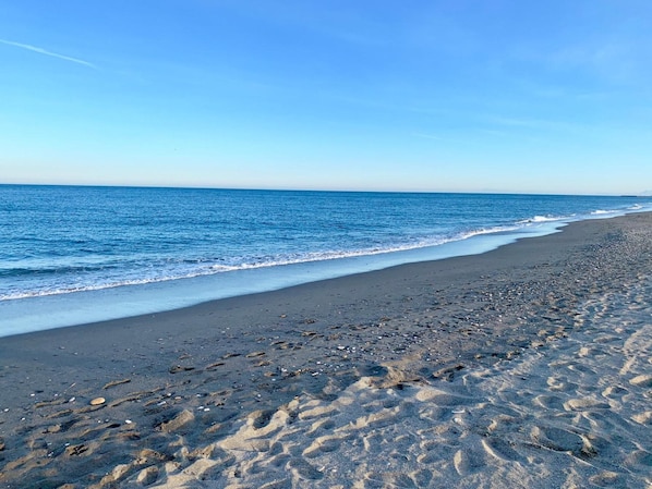 A beach with a clear sky and calm sea.