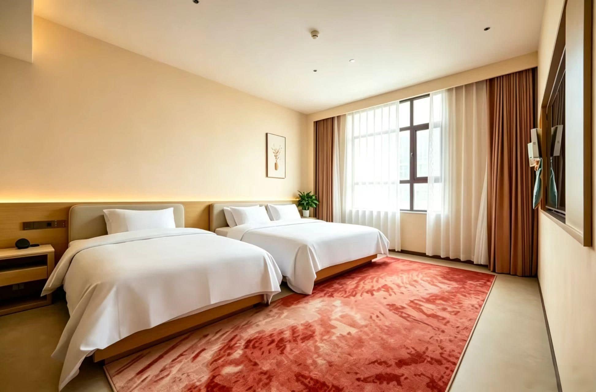 Quarto de hotel com duas camas, uma janela grande com cortinas, um tapete vermelho e uma televisão fixada na parede.