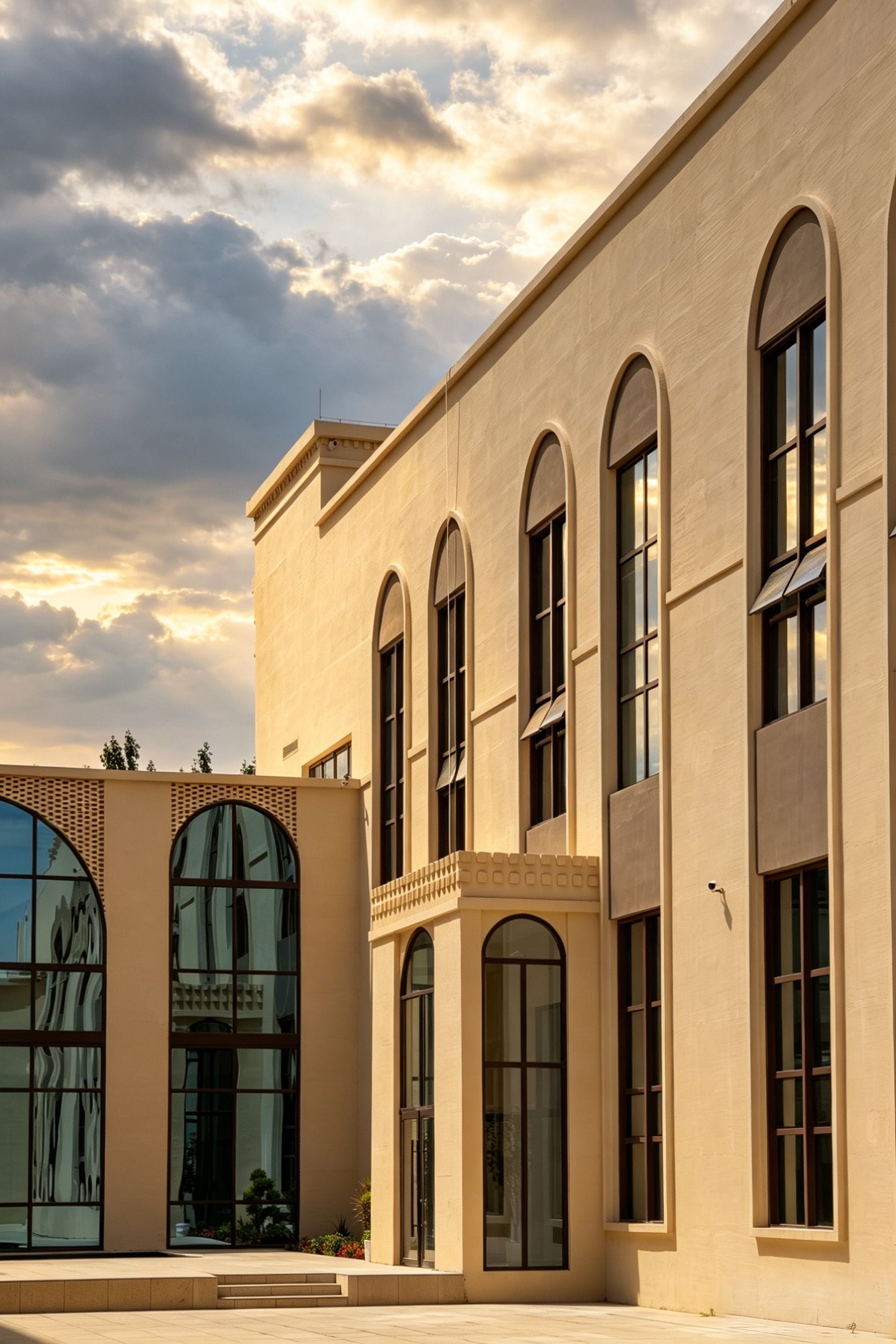 A building with a flat facade, large arched windows, and a clear sky.