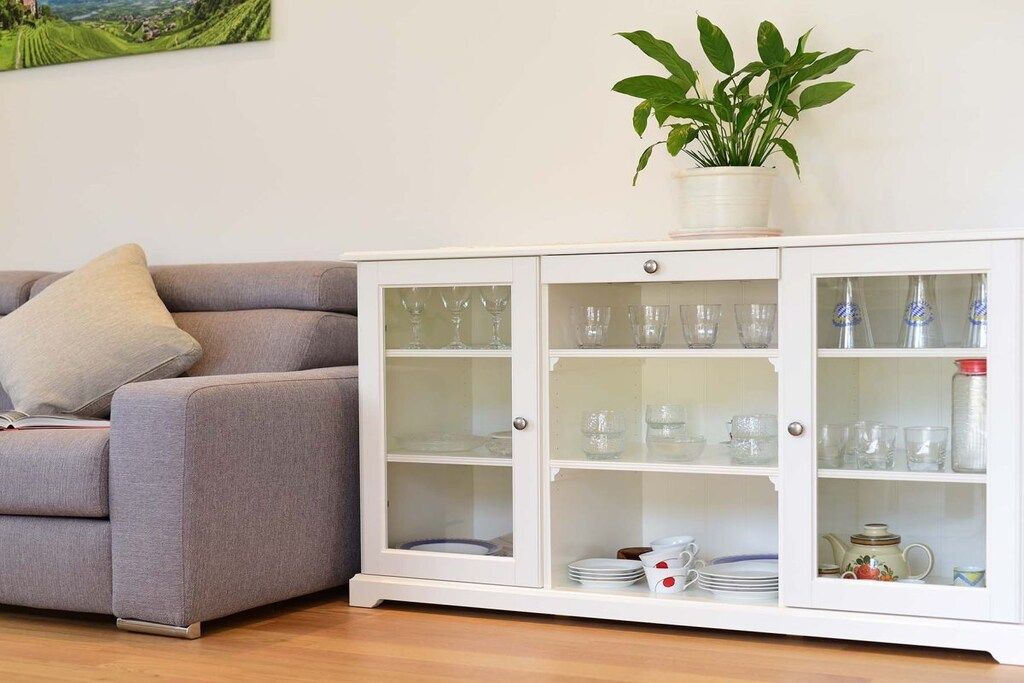 Un soggiorno con un divano grigio, un mobile bianco con ante in vetro e una pianta in vaso sopra.