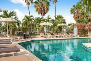 Zona junto a la piscina con sillones de descanso y sombrillas, rodeada de palmeras y un cielo despejado.