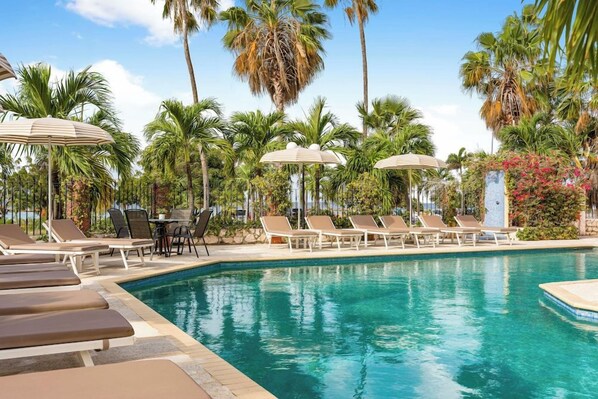 Zona junto a la piscina con sillones de descanso y sombrillas, rodeada de palmeras y un cielo despejado.