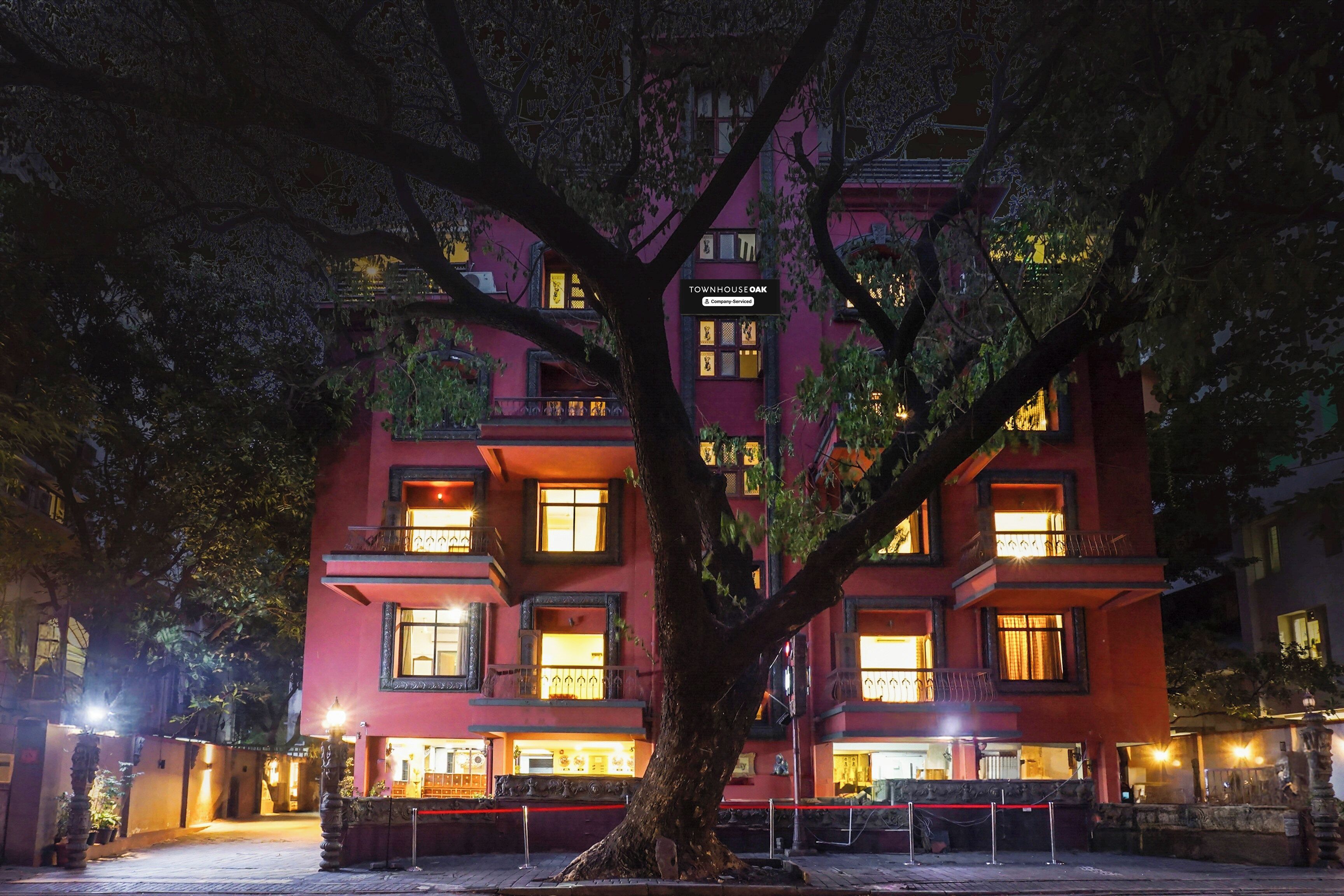 A multi-story building with illuminated windows and a tree in front.