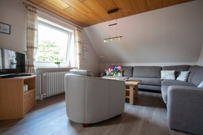 A modern living room with a sofa, a coffee table, and a television. - Siewertsen Apt. No. 1 (Alkersum)