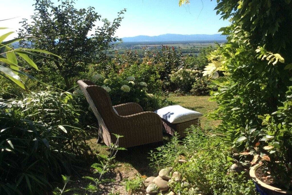 Une chaise en osier avec un coussin, placée dans un jardin offrant une vue sur des montagnes lointaines.