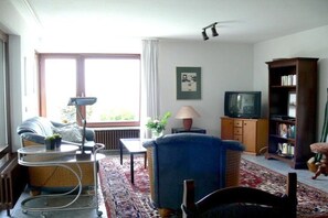 A living room with a sofa, armchair, television, bookshelf, and a window with curtains. - Holiday apartment with 1 bedroom (Bad Bellingen-Bamlach)