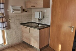 A small kitchenette with a sink, wooden cabinets, and a towel dispenser. - Holiday apartment with 1 bedroom (Röslau)